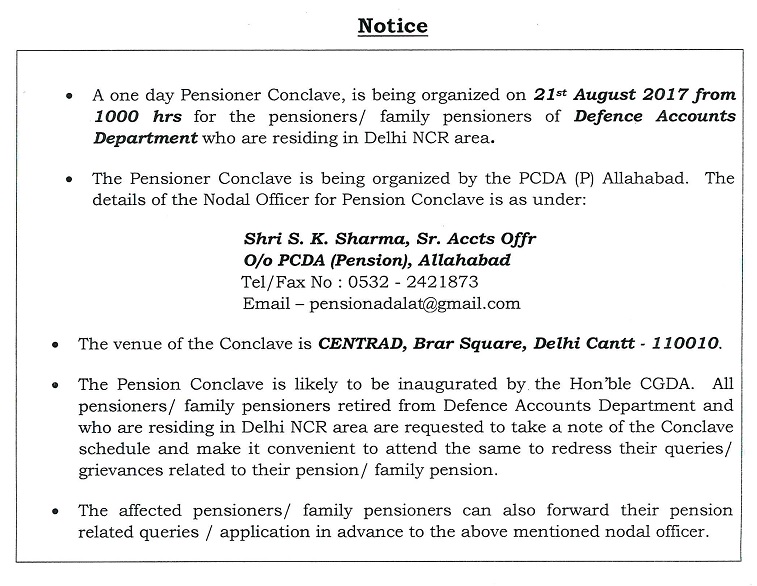 Defence Pensioner Adalat on 21st August 2017 at Delhi Cantt for Delhi NCR Area Pensioners