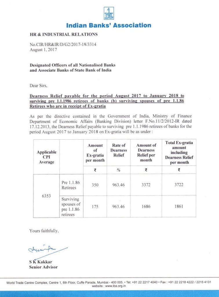 Bank Dearness Relief @ 963.43 from Aug-2017 to Jan-2017 to Pre 1986 retirees