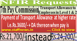 7th CPC Transport Allowance to the Railway employees: Higher rate to those working in Pay Level 1& 2