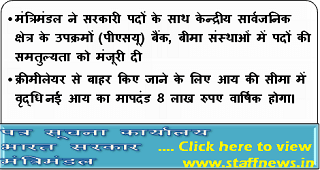 अन्य पिछड़ा वर्ग आरक्षण: सरकारी पदों के साथ सीपीएसई(पीएसयू) बैंक, बीमा संस्‍थाओं में पदों की समतुल्यता, क्रीमी लेयर की सीमा 8 लाख रूपये करने की