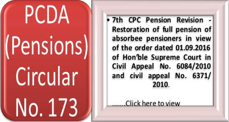 7th CPC Pension Revision & Restoration of full pension of absorbee pensioners: PCDA Circular C-173