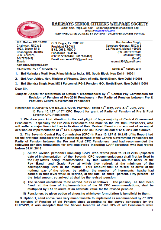 Option 1 recommended by 7th CPC i.r.o. Pre-2016 Pensioners – for parity of pension between Pre & Post-2016 Pensioners: Appeal