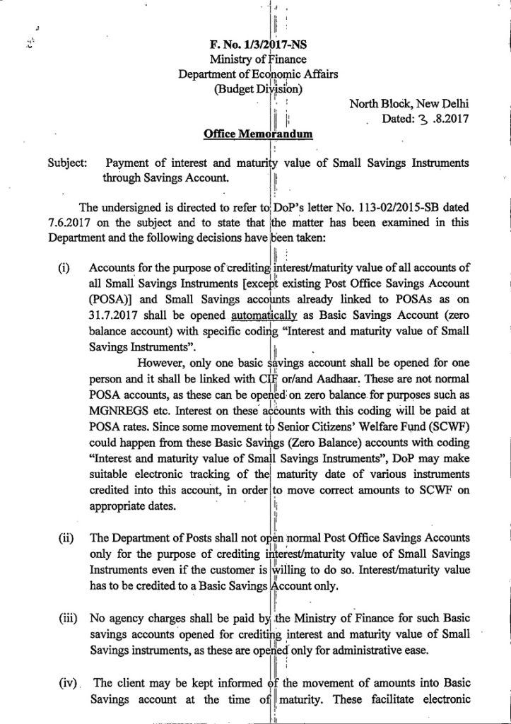 Payment of interest and maturity value of Small Savings Instruments through Savings Account