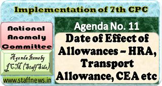 7th CPC HRA, Transport Allowance, CEA etc. must be from 01.01.2016: Agenda Items for NAC Meeting