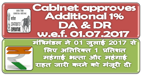 DA from July, 2017: Cabinet approves release of additional 1% DA अतिरिक्‍त 1 प्रतिशत महंगाई भत्‍ता और पेंशनभोगियों के लिए महंगाई राहत जारी करने को मंजूरी