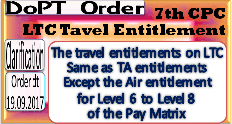 7th CPC Travel Entitlement on Leave Travel Concession w.e.f. 1st July, 2017: DoPT OM 19.09.2017