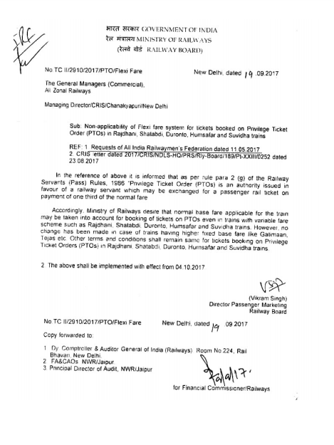 Non-applicability of Flexi Fare System for tickets booked on Privilege Ticket Order (PTOs) in Raidhani, Shatabdi, Duronto. Humsafar and Suvidha trains.