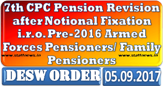 7th CPC /Pension revision on Notional Fixation for Pre-2016 Armed Forces Pensioner: DESW Order 05.09.2017