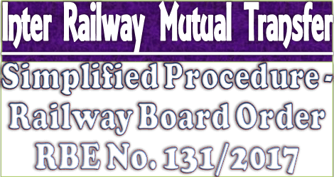 RBE No. 131/2017 – Simplified Procedure for forwarding of application of Inter-Railway Mutual-Transfer