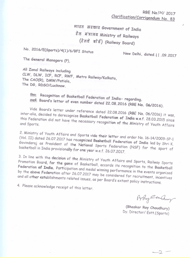 Recognition of Basketball Federation of India for recruitment, incentives and all other establishments related issues: Railway Board Order