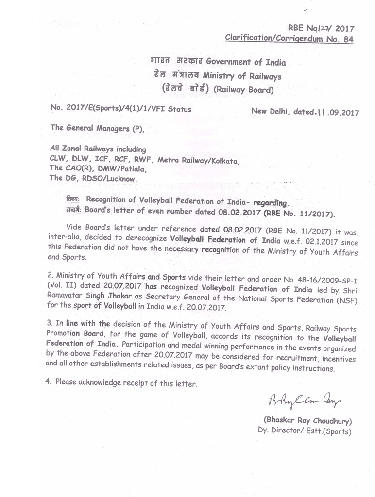 Recognition of Volleyball Federation of India for recruitment, incentives and all other establishments related issues: Railway Board Order