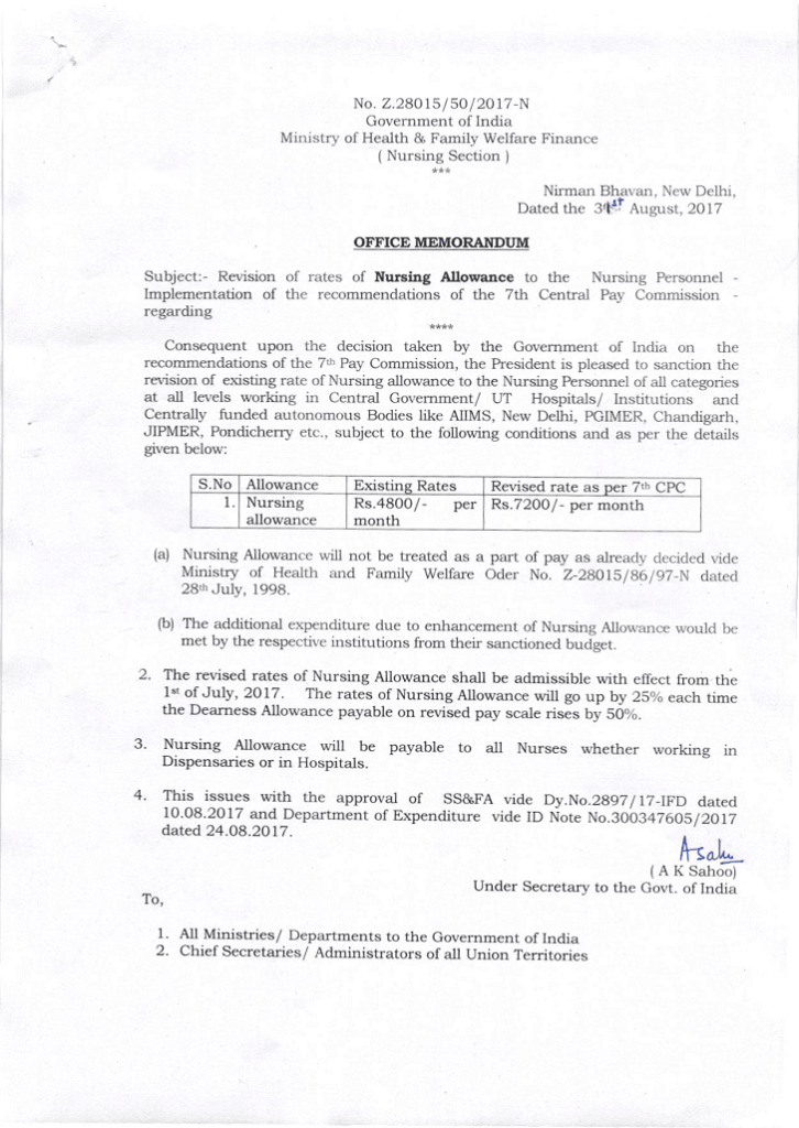 7th CPC Revision of Nursing Allowance MoHFW OM