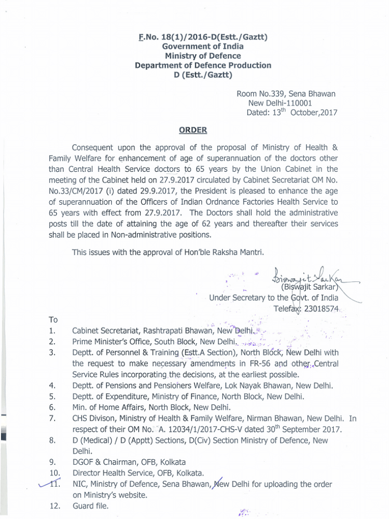 Enhancement of Superannuation age of the Officers of Indian Ordnance Factories Health Service to 65 years wef 27-09-2017