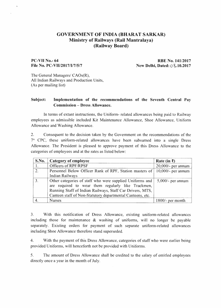 7th CPC Dress Allowance for eligible Railway Employees Railway Board