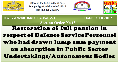 7th CPC: Restoration of full pension in respect of Armed Forces pensioner absorbed in PSUs/ Autonomous bodies – PCDA Order