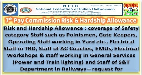7th CPC : Risk and Hardship Allowance @ 2,700/- p.m. for P. Way Staff in Railways – NFIR’s request