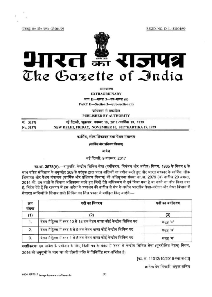 7th CPC – Classification of Civil Posts under CCS(CCA) Rules – Gazette Notification