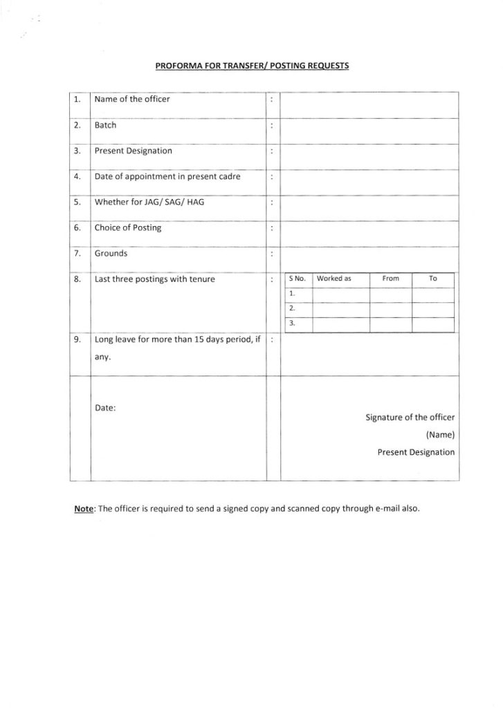 Proforma for making transfer/ posting requests in respect of HAG, SAG and JAG officers: Deptt of Posts