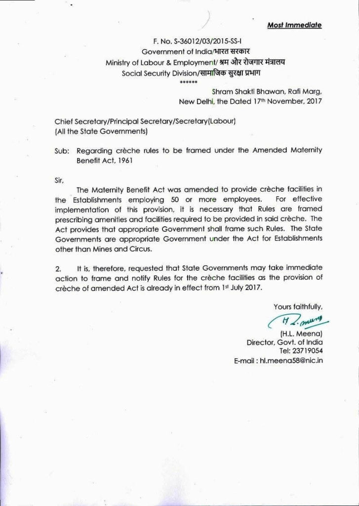 Provide creche facilities in the Establishments employing 50 or more employees: Maternity Benefit Act Provide creche facilities in the Establishments employing 50 or more employees: Maternity Benefit Act