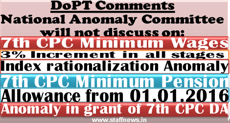 7th CPC Minimum Pay, Increment Anomaly, Index Rationalization, Minimum Pension, Date of Effect of Allowances will not discussed in National Anomaly Committee: DoPT