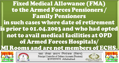 7th CPC: Fixed Medical Allowance to Pre 01.04.2003 retired Armed Forces Pensioners/ Family Pensioners: PCDA Circular No. 586