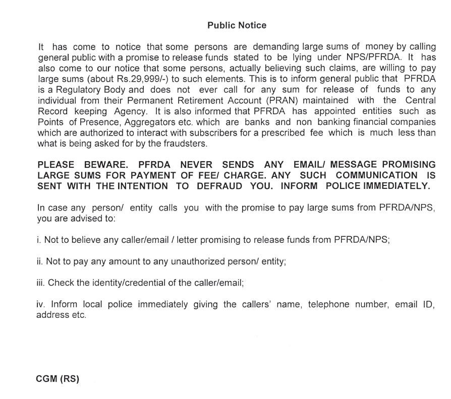 PFRDA does not ever call for any sum for release of funds to any individual from their Permanent Retirement Account (PRAN) : Public Notice