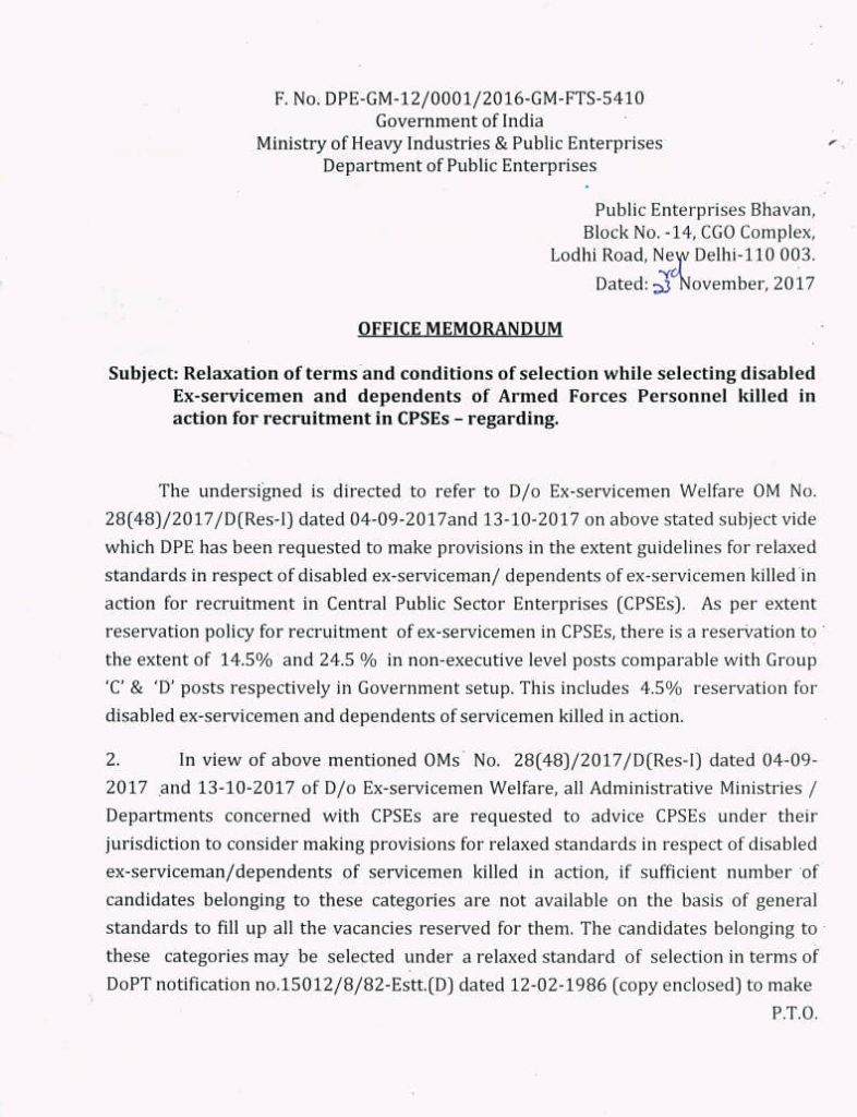 Disabled Ex-servicemen and dependents of Armed Forces Personnel killed in action: Relaxation of terms and conditions for recruitment in CPSEs