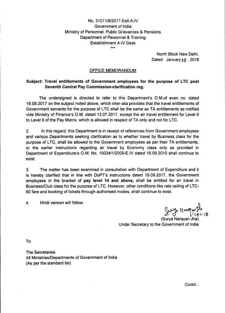 7th CPC: Air Travel Entitlement for the purpose of LTC – Clarification by DoPT dated 18.01.2018