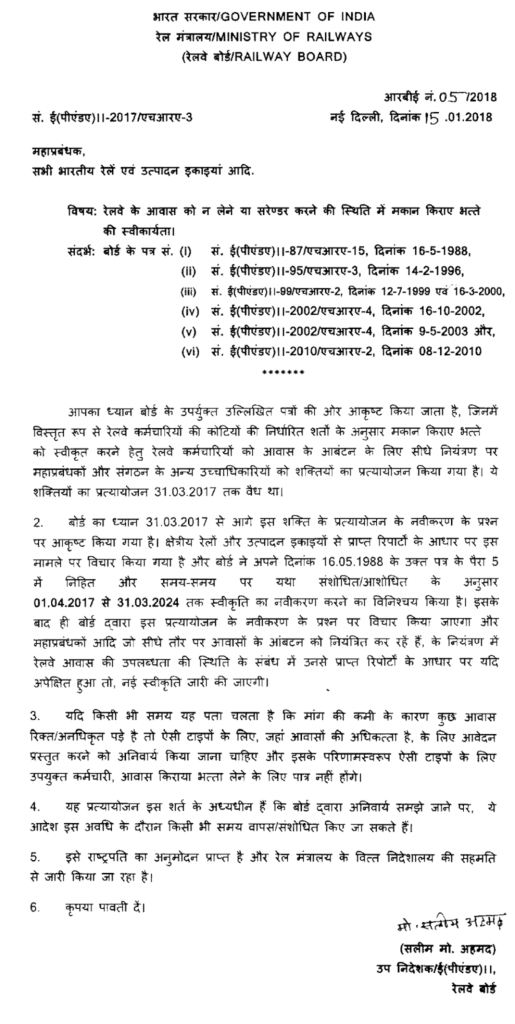 House Rent Allowance in the event of non-acceptance or surrender of railway residential accommodation: RBE No. 05/2018