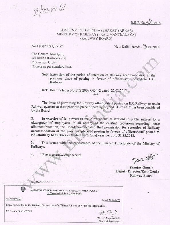 Extension of the period of retention of Railway accommodation at the previous place of posting for one year upto 31.12.2018