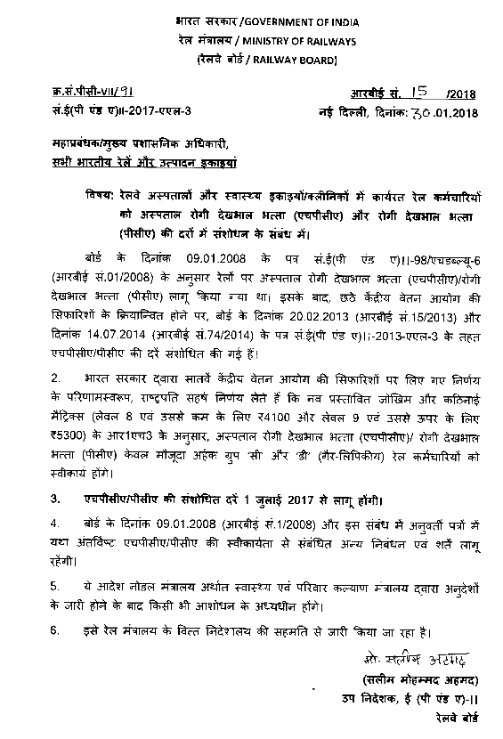 7th CPC Revised rates of Hospitals Patient Care Allowance (HPCA) and Patient Care Allowance (PCA) to Railway Employees