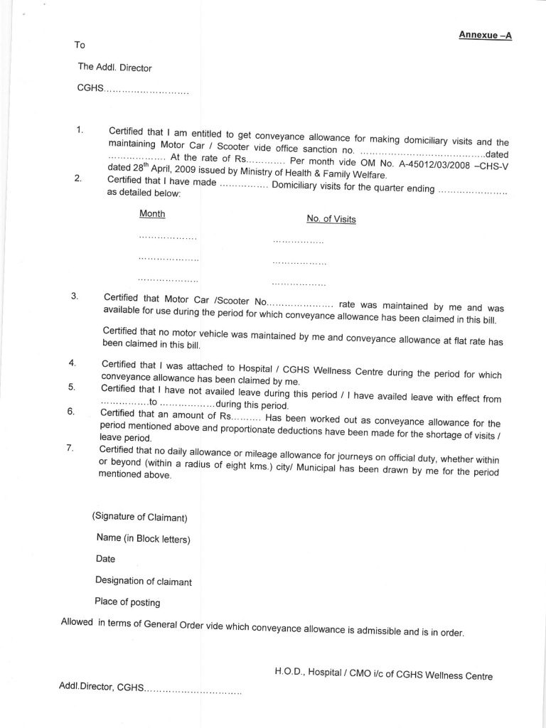 Payment of Conveyance Allowance to Medical Officers under CGHS for Domiciliary visits – Format of Certificate: CGHS OM dated 02.02.2018