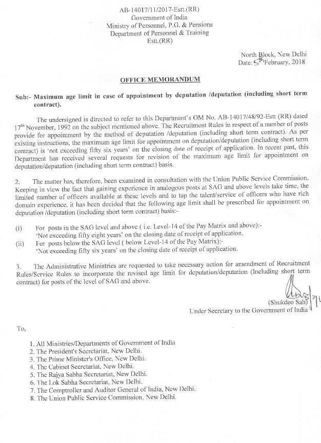 Maximum age limit in case of appointment by deputation at SAG and above level – Amendment of Recruitment Rules/Service Rules: DoPT Order