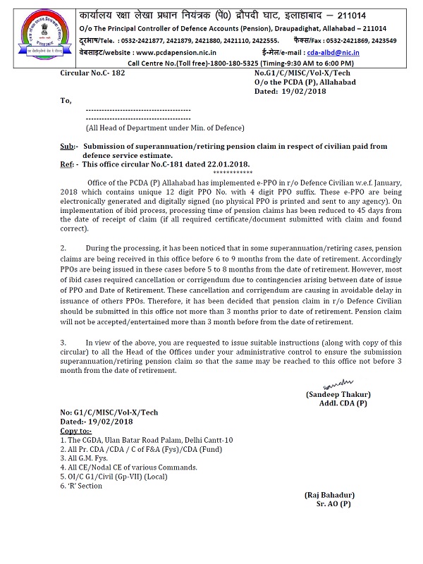 Submission of superannuation/ retiring pension claim in respect of civilian paid from defence service estimate: PCDA Circular