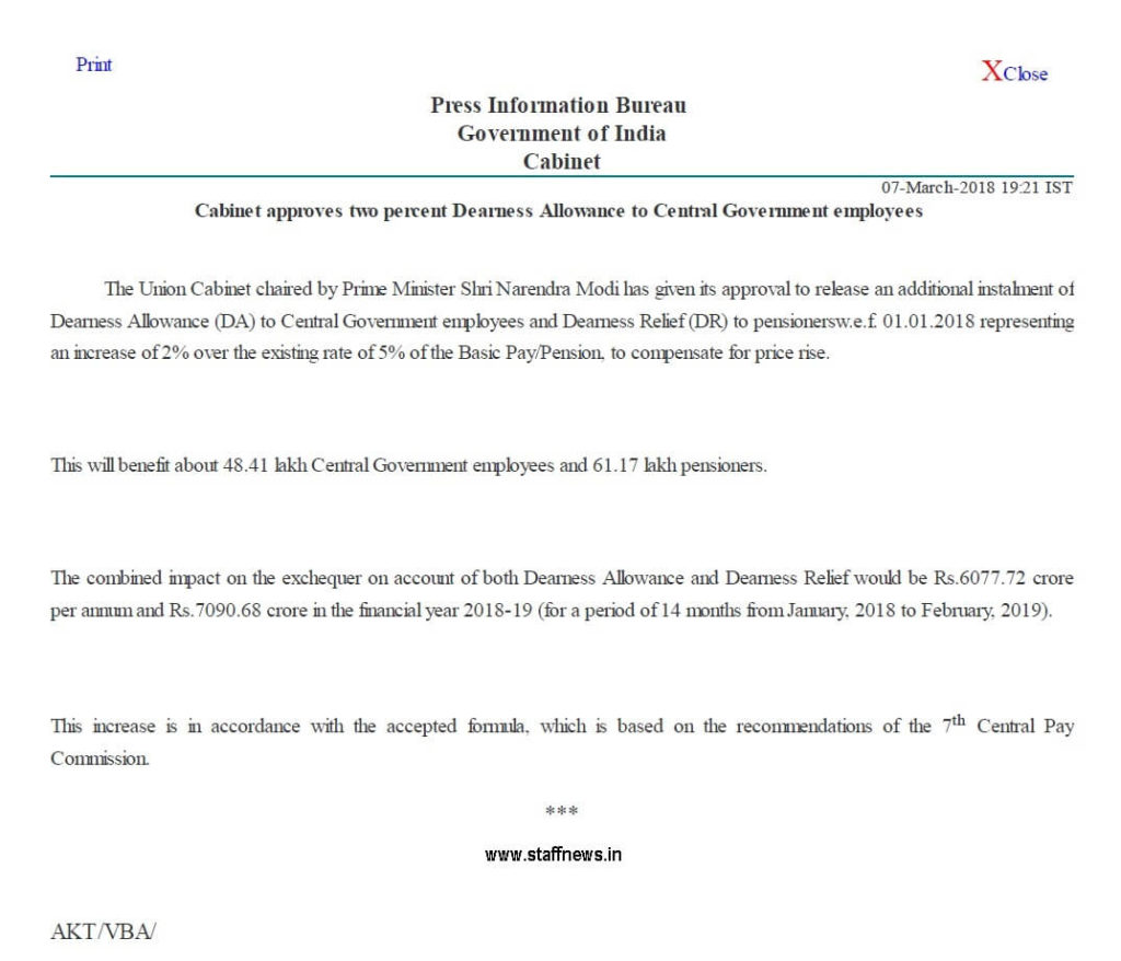 7th CPC Dearness Allowance from Jan-2018: Cabinet approves 2% DA to CGE