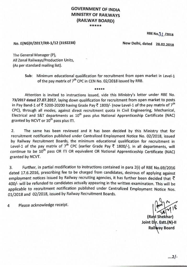 Minimum educational qualification for recruitment from open market in Level -1 of the pay matrix of 7th CPC – RBE No. 31/2018