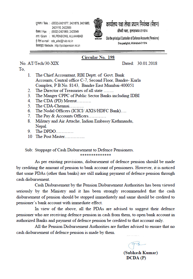 Stoppage of Cash Disbursement to Defence Pensioners – PCDA Circular 198