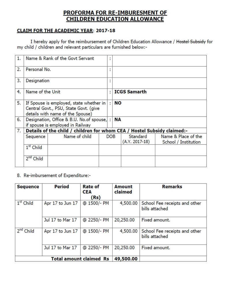 7th CPC Children Education Allowance: Guidelines and Sample of Claim Form, School Certificate Form, Self Declaration Form