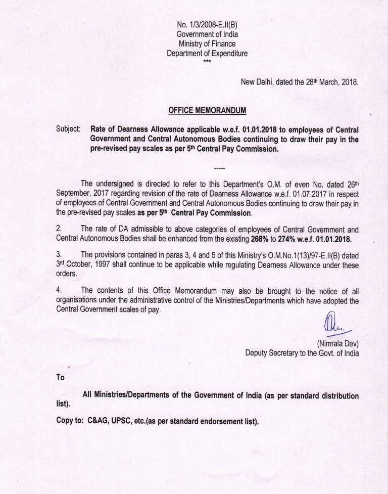 DA from Jan, 2018 @ 274% to Central Govt & Autonomous Bodies Employees continuing to draw 5th CPC pay scale