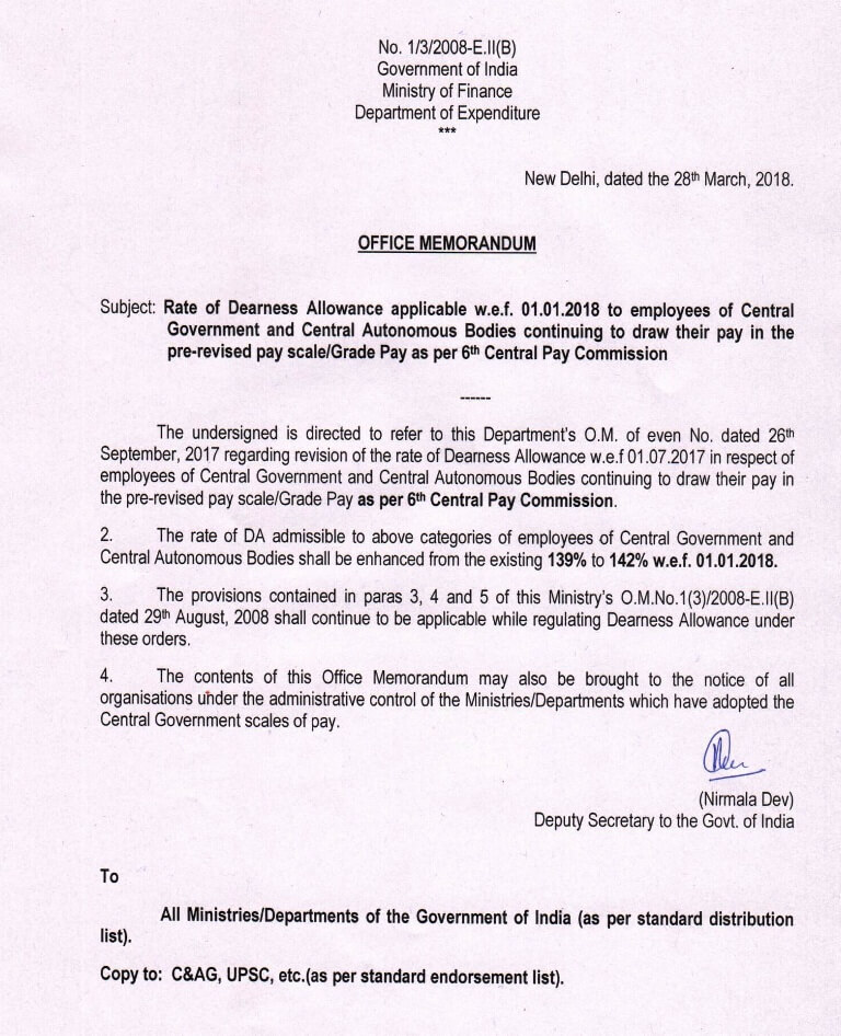 DA from Jan, 2018 @ 142% to Central Govt & Autonomous Bodies Employees continuing to draw 6th CPC pay scale/grade pay