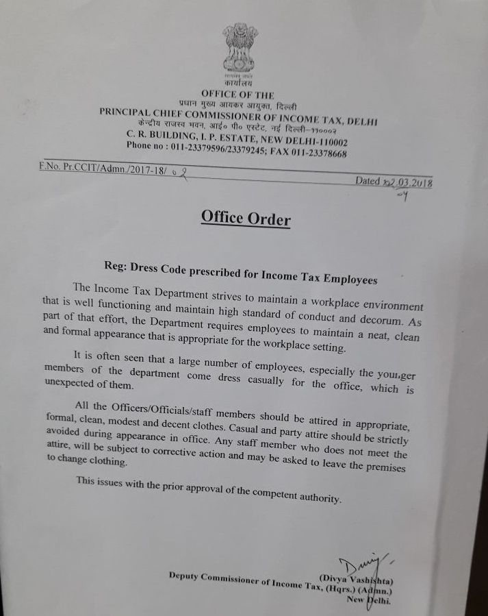 Dress Code prescribed for Income Tax Employees Dress Code prescribed for Income Tax Employees
