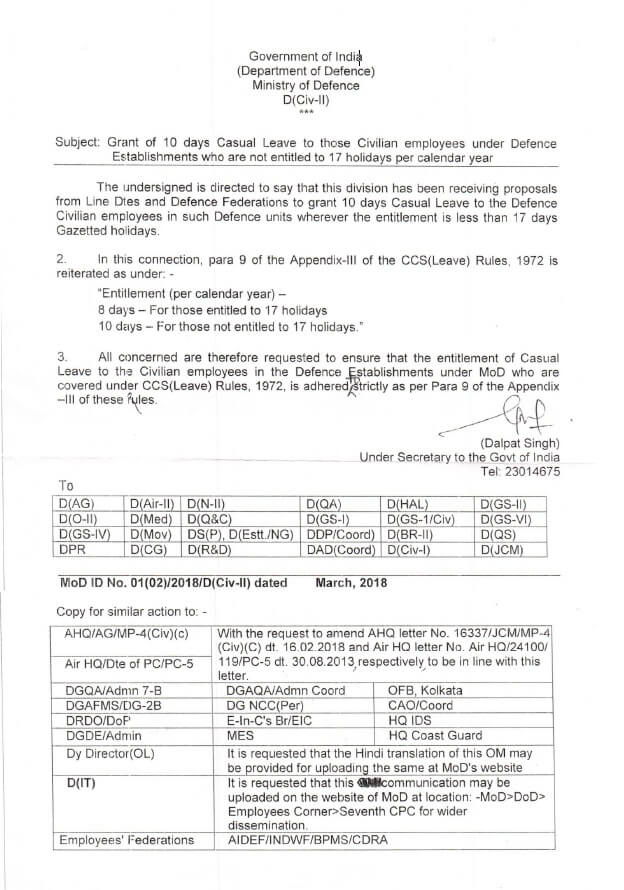 Grant of 10 days Casual Leave to those Civilian employees under Defence Establishments who are not entitled to 17 holidays per calendar year