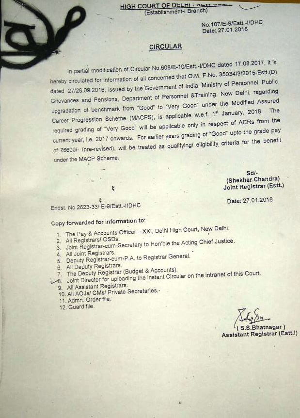 Very Good benchmark for MACP will be applicable ACRs from 2017 onwards: Delhi High Court Circular Very Good benchmark for MACP will be applicable ACRs from 2017 onwards: Delhi High Court Circular