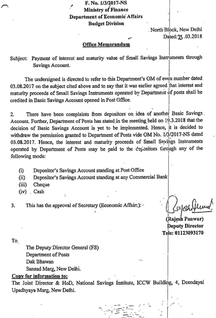 Payment of interest and maturity value of Small Savings Instruments through Savings Account