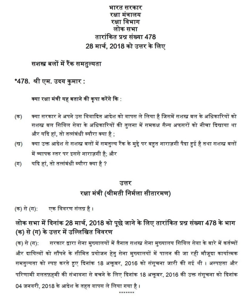 Rank Equivalence in Armed Forces: Statement in Lok Sabha Rank Equivalence in Armed Forces: Statement in Lok Sabha