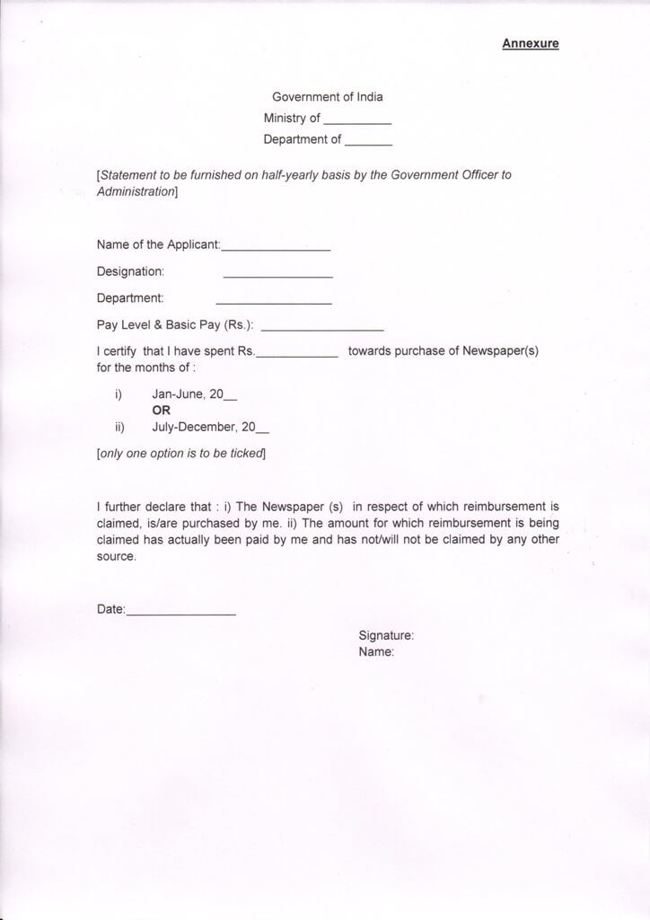 Reimbursement in respect of Newspapers purchased/supplied to officers at their residence: DoE OM with Claim Form