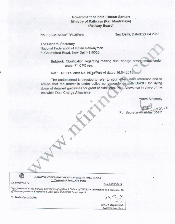 7th CPC Additional Post Allowance in place of erstwhile Dual Charge Allowance: Railway Board’s clarification