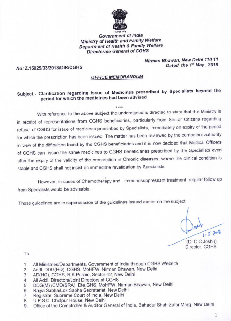 CGHS Order: Medical Officers can issue the medicines prescribed by the specialists after the expiry of the validity of the prescription in Chronic Disease