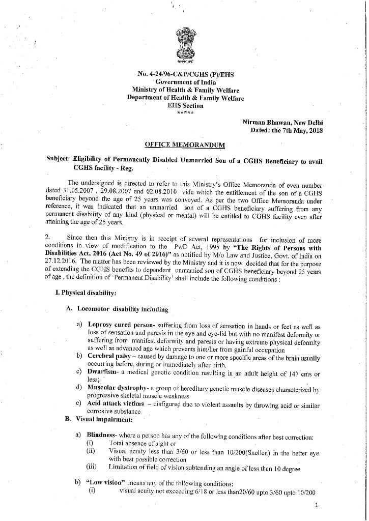 Eligibility of Permanently Disabled Unmarried Son of a CGHS Beneficiary to avail CGHS Facility Eligibility of Permanently Disabled Unmarried Son of a CGHS Beneficiary to avail CGHS Facility