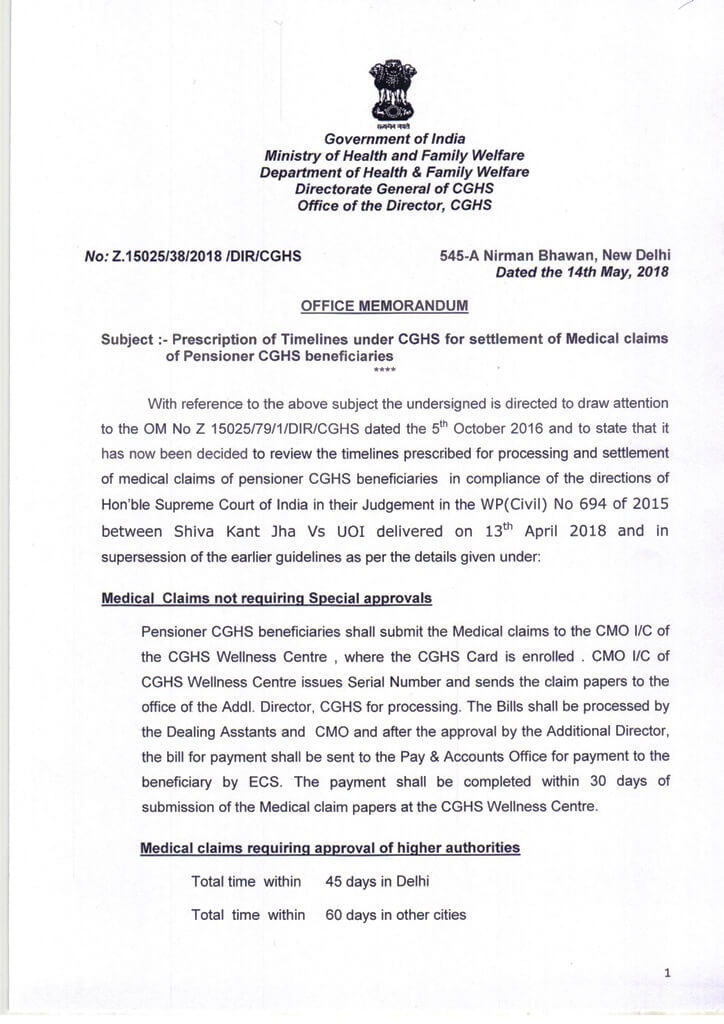 Prescription of Timelines under CGHS for settlement of Medical claims of Pensioner CGHS beneficiaries